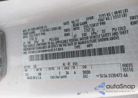 2017 Ford Escape Se из США, поврежденный, VIN 1FMCU9G99HUE31303